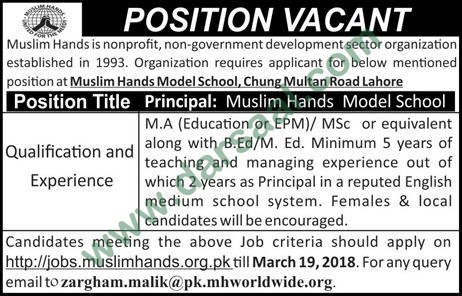 Principal Jobs in Muslim Hand Model School Multan,14 March 2018