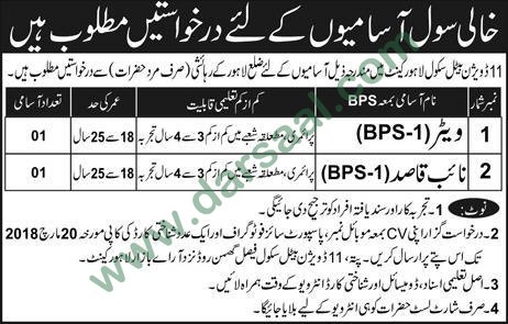 Naib Qasid, Waiter Jobs in 11 Division School Lahore Cantt, 14 March 2018