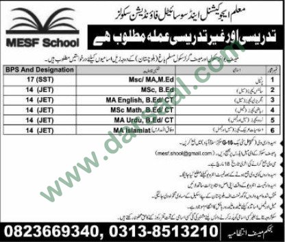 Principle, English, Urdu, Science Teachers Jobs in MESF School Quetta, 14 March 2018