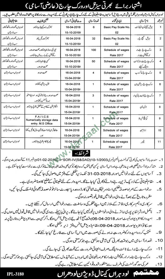 Khakrob, Attendant, Plumber Jobs in Lodhran Canal Division, 14 March 2018