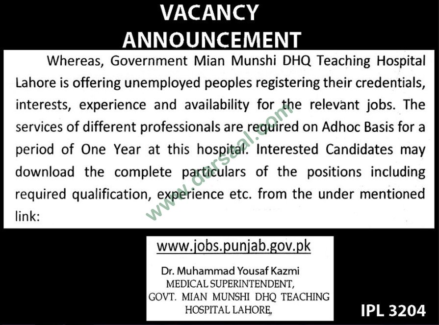 Govt. Mian Munshi DHQ Teaching Hospital Lahore, Jobs for Medical Staff  14 March 2018