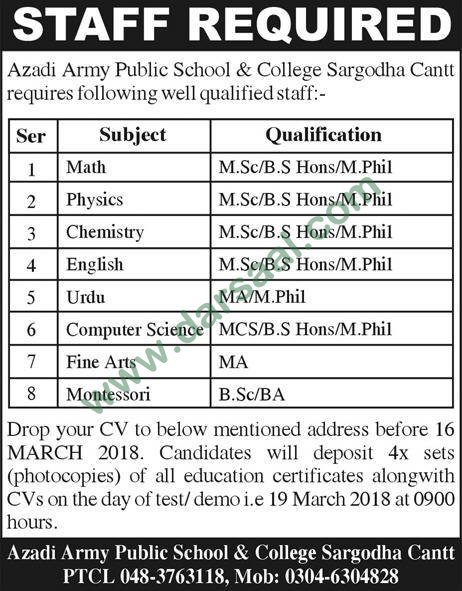 Teachers Jobs in Azadi Army Public School & College Sargodha, 14 March 2018