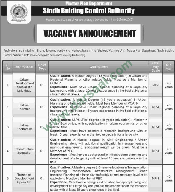 Urban Planner, Urban Sociology Jobs in Building Control Authority Karachi, 14 March 2018