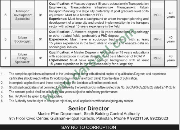 Urban Planner, Urban Sociology Jobs in Building Control Authority Karachi, 14 March 2018