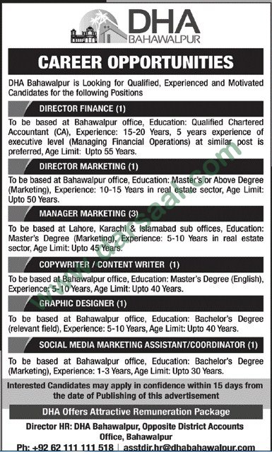 Director Marketing, Manager Marketing, Graphic Designer Jobs in DHA Bahawalpur, 14 March 2018