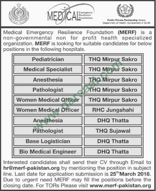 Medical Officer, Pathologist, Biomedical Engineer Jobs in Thatta, 15 March 2018