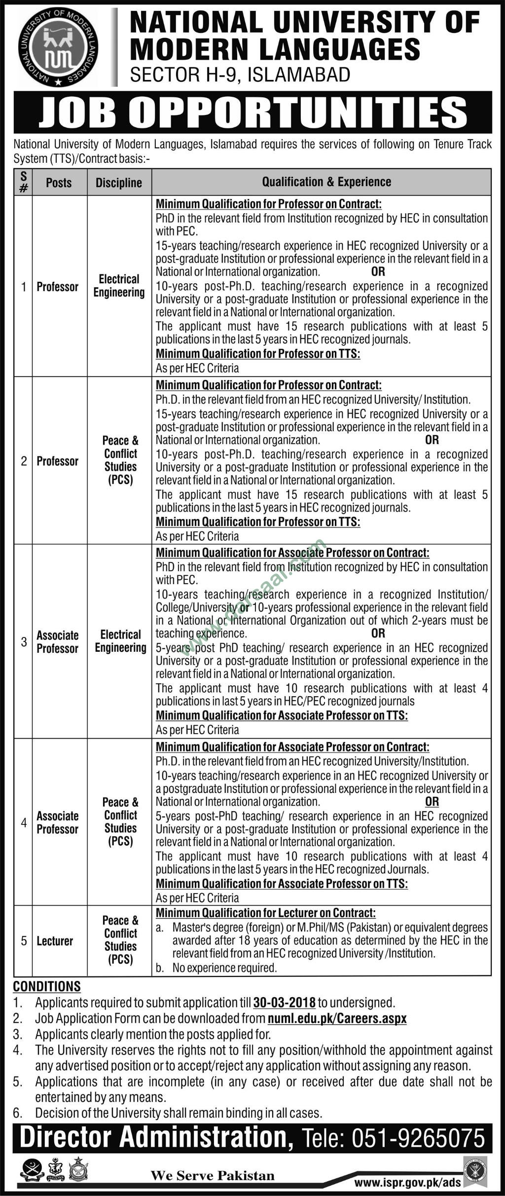 Professor, Associate Professor, Lecturer Jobs in National University of Modern Languages Islamabad, 16 March 2018