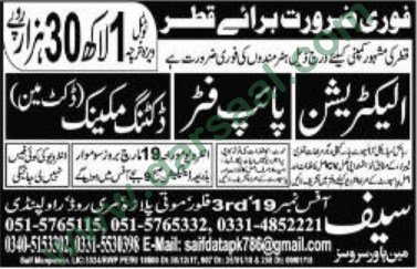 Electrician, Pipe Fitter Jobs in Qatar, 16 March 2018
