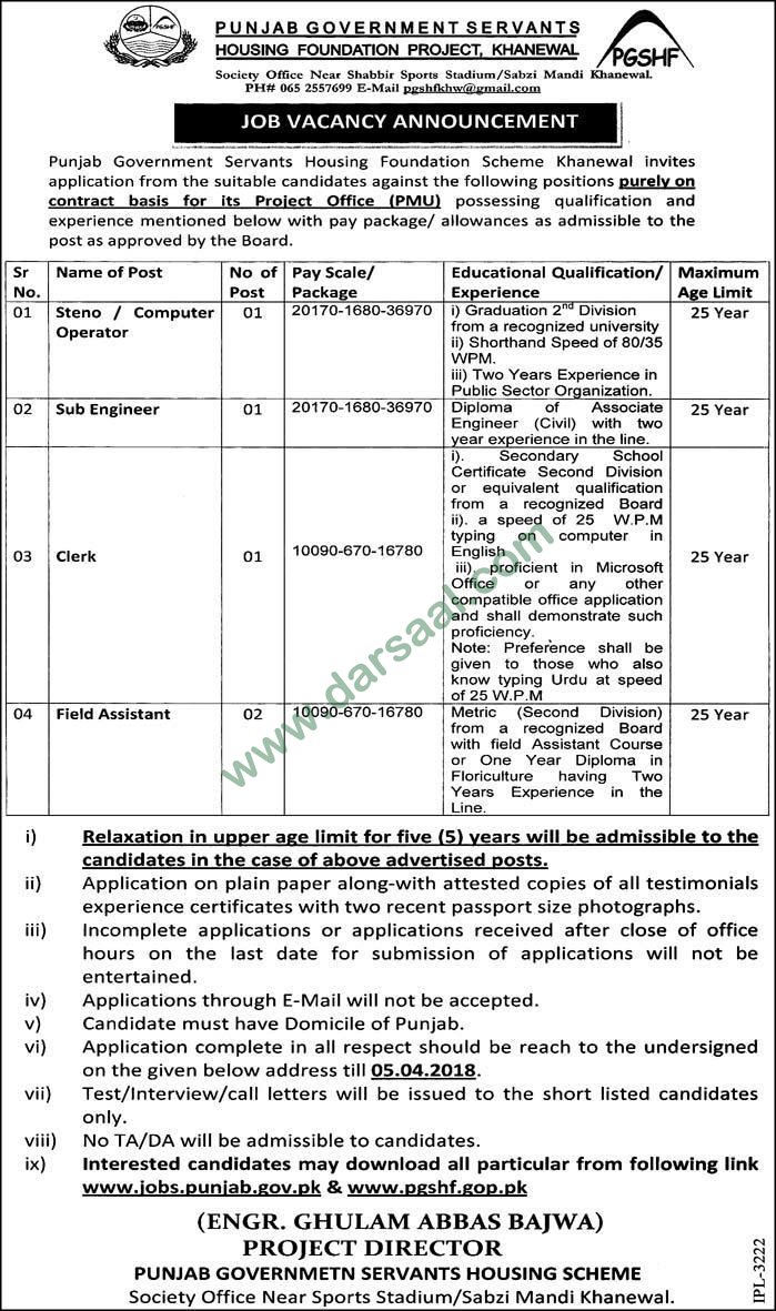 Computer Operator, Engineer, Assistant, Clerk Jobs in Housing Foundation Khanewal, 16 March 2018