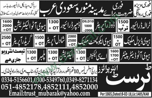 Auto Electrician, Mechanic, Driver, Technician Jobs in Saudi Arabia, 16 March 2018