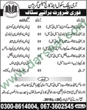 Teachers, Lab Assistant, Mali Jobs in Army Public School & College Mailsi, 16 March 2018