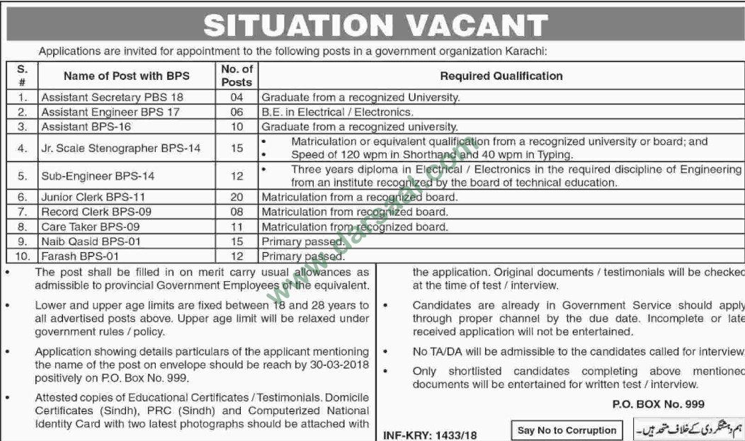 Assistant Secretary, Assistant Engineer, Junior Clerk Jobs in Karachi, 16 March 2018