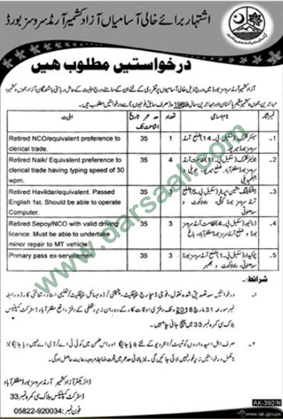 Senior, Junior Clerk, Driver, Security Guard Jobs in Azad Kashmir Armed Services Board, 16 March 2018