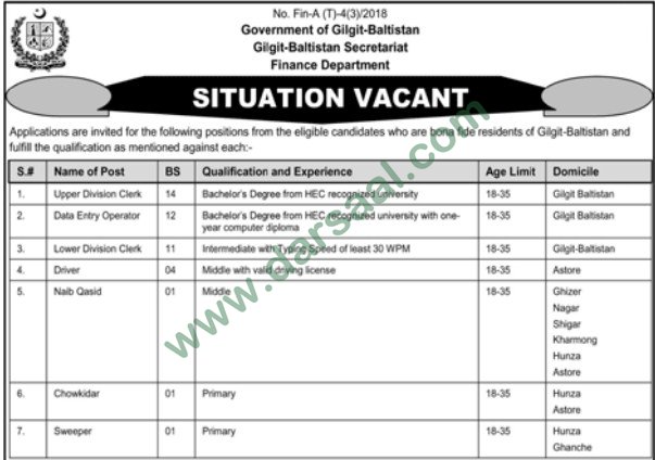 Clerk, Data Entry Operator, Driver, Chowkidar Jobs in Finance Department Gilgit Baltistan, 17 March 2018