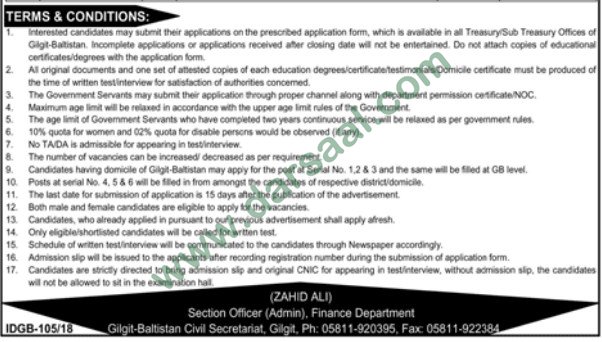 Clerk, Data Entry Operator, Driver, Chowkidar Jobs in Finance Department Gilgit Baltistan, 17 March 2018