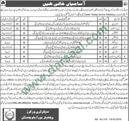 Lab Assistant, Clerk, Sub Engineer, Store Keeper, Driver Jobs in Quetta, 17 March 2018