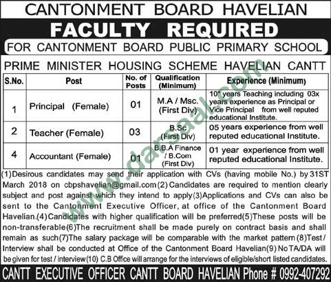 Principal, Teachers, Accountant Jobs in Cantonment Board School Havelian, 17 March 2018