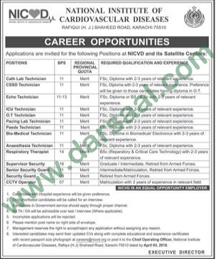 Lab Technician, Security Supervisor, O.T Technician, CCTV Operator Jobs in NICVD Institute, Karachi 19 March 2018