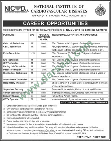 Lab Technician, Respiratory, Security Guard Jobs in National Institute of Cardiovascular Diseases Karachi, 19 March 2018