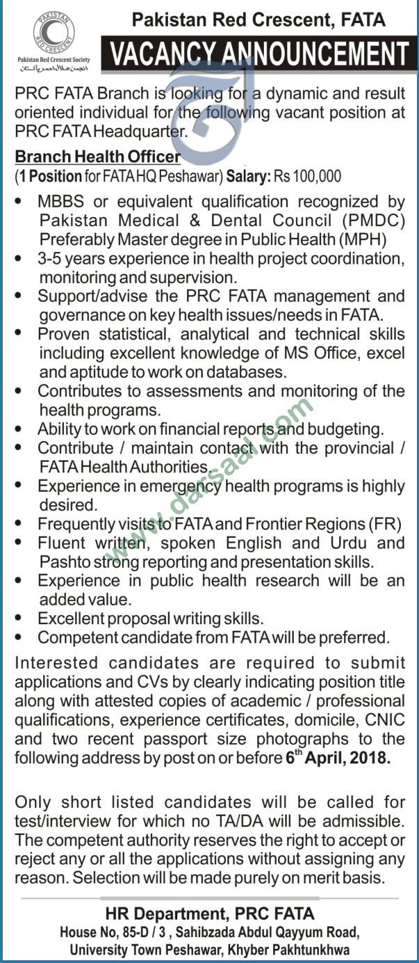Branch Health Officer Jobs in Pakistan Red Crescent, Fata 19 March 2018