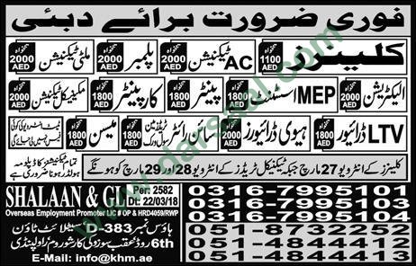 Cleaner, Technician, Plumber, Carpenter, Driver Jobs in Dubai, 24 March 2018