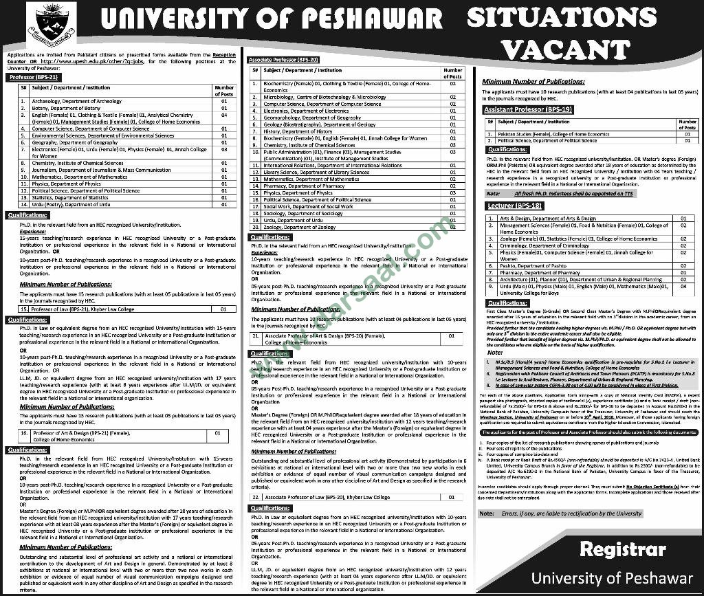 Professor, Associate Professor, Assistant Professor, Lecturer Jobs in University of Peshawar, 24 March 2018