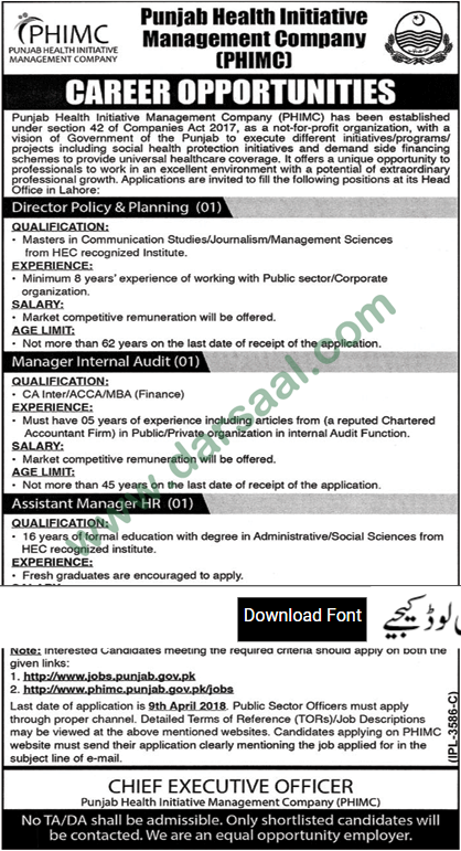 Director Manager, Assistant Manager Jobs in Punjab Health Initiative Management, 24 March 2018