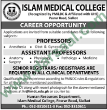 Professor & Assistant Professor Jobs in Islam Medical College, Sialkot 24 March 2018