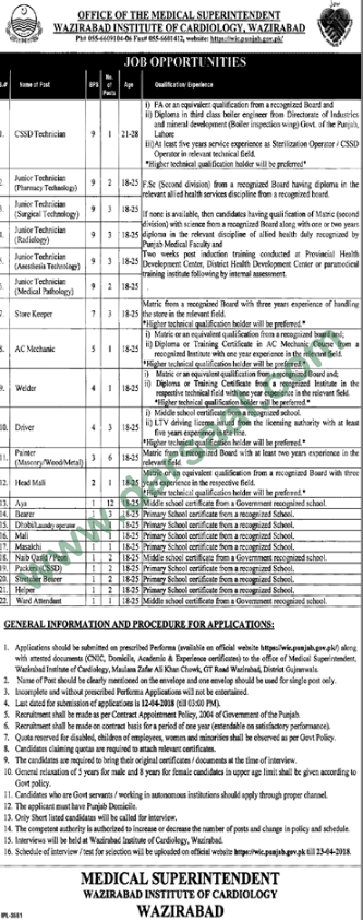 Junior Technician, Store Keeper, Driver, Welder, Naib Qasid Jobs in Institute of Cardiology, Wazirabad 24 March 2018
