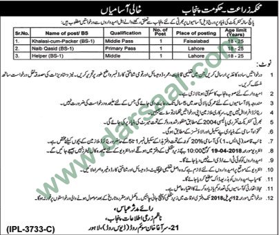 Helper, Naib Qasid Jobs in Government Department Lahore, 24 March 2018