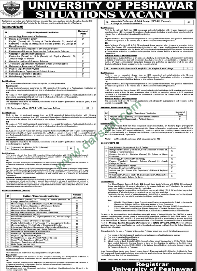 University Of Peshawar Jobs for Professor, Assistant Professor, Lecturer, 24 March 2018