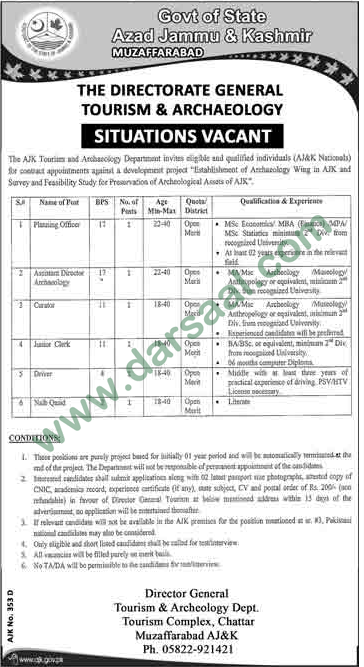 Assistant Director, Planning Officer, Junior Clerk, Driver, Naib Qasid Jobs in Planning & Archaeology, AJK 29 March 2018