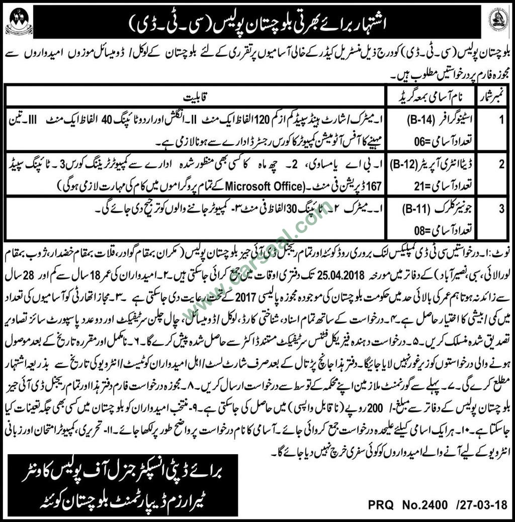 Stenographer, Data Entry Operator, Clerk Jobs in Counter Terrorism Department Balochistan, 29 March 2018
