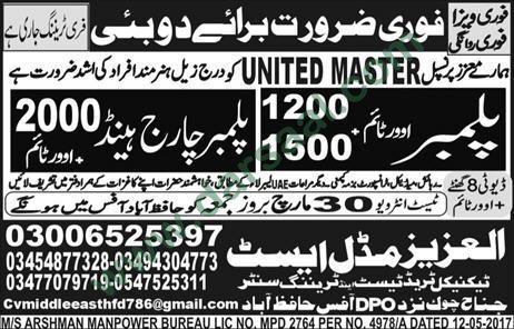 Plumber, Plumber Charge Jobs in Dubai, 29 March 2018