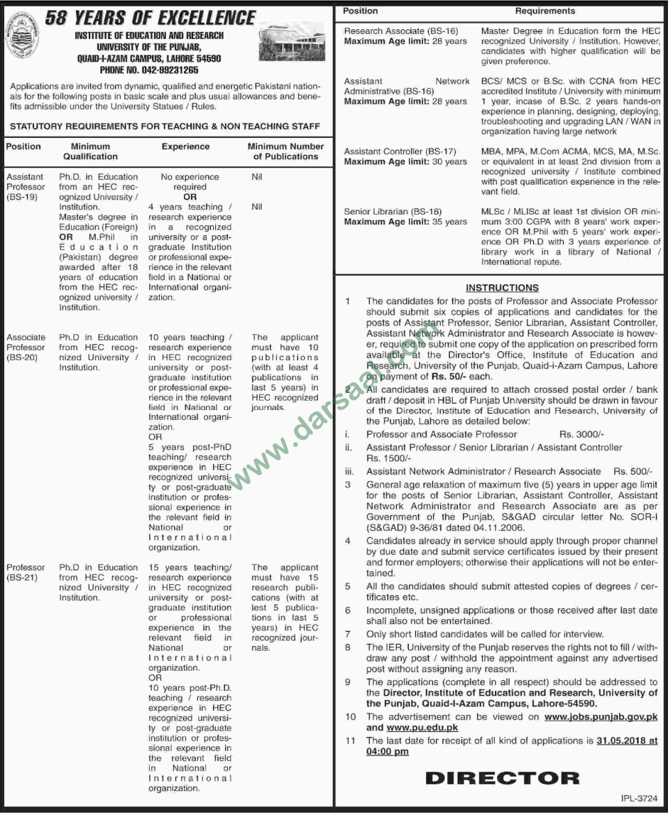 Professor, Librarian, Research Associate, Administrative Jobs in University of Punjab, Lahore 29 March 2018