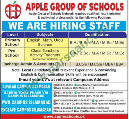 Teaching Jobs in Apple Group of Schools, Islamabad 29 March 2018