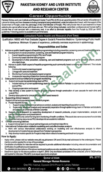 Consultant Public Health & Research Jobs in Pakistan Kidney & Liver Institute, Lahore 29 March 2018