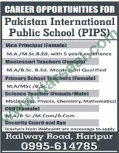 Principal, Teachers Jobs in Pakistan International Public School Haripur, 29 March 2018