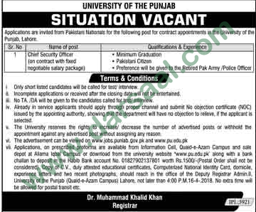 Chief Security Officer Jobs in University of Punjab, Lahore 30 March 2018