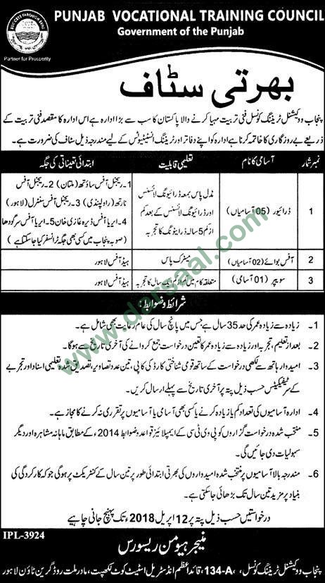 Driver, Office Boy, Sweeper Jobs in Punjab Vocational Training Council Lahore, 30 March 2018