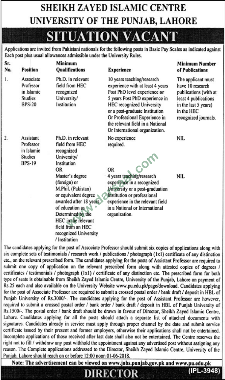 Assistant Professor & Associate Professor Jobs in University of Punjab, Lahore 30 March 2018