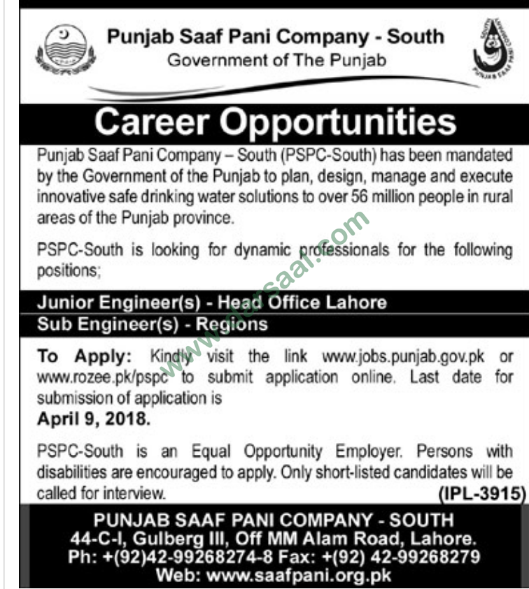 Junior Engineer & Sub Engineer Jobs in Saaf Pani Company, Lahore 30 March 2018