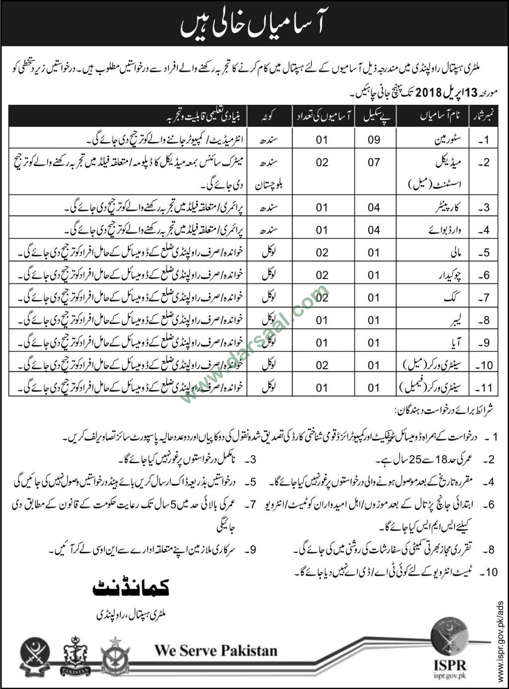 Medical Assistant, Storeman, Carpenter, Cook, Labour Jobs in Military Hospital Rawalpindi, 30 March 2018