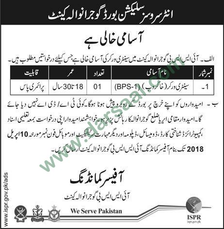 Sentry Worker, Khakrob Jobs in Inter Services Selection Board Gujranwala, 30 March 2018