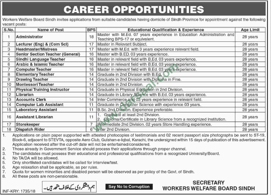 Lecturer, Lab Assistant, Cook, Teachers, Store Keeper, Librarian Jobs in Workers Welfare Board, Sindh 30 March 2018