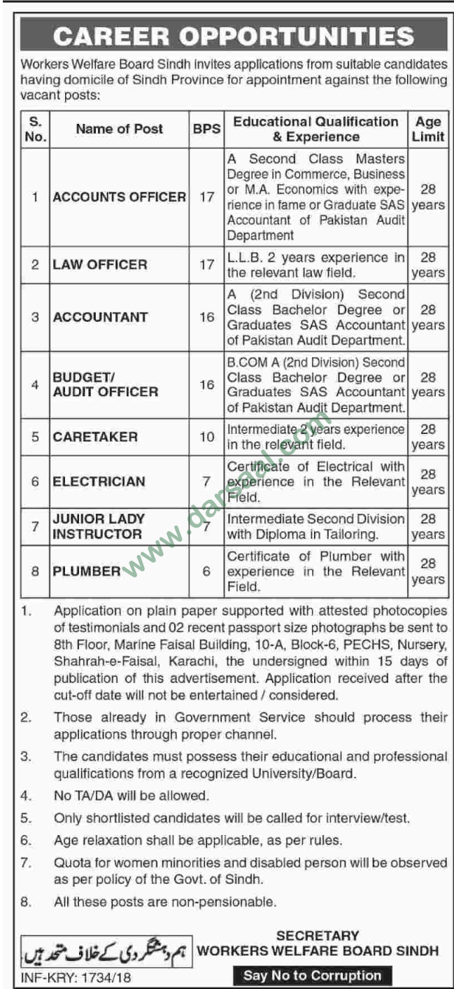 Law Officer, Accountant, Electrician, Lady Instructor, Plumber Jobs in Workers Welfare Board, Sindh 30 March 2018