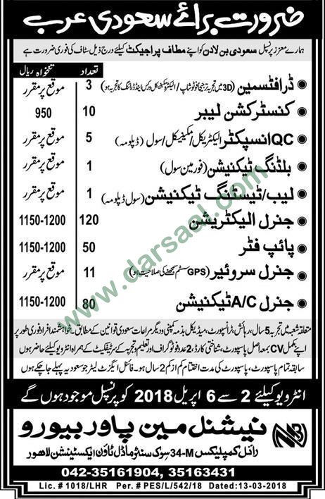 AC Technician, Electrician, Labour, Pipe Fitter Jobs in Saudi Arabia, 30 March 2018