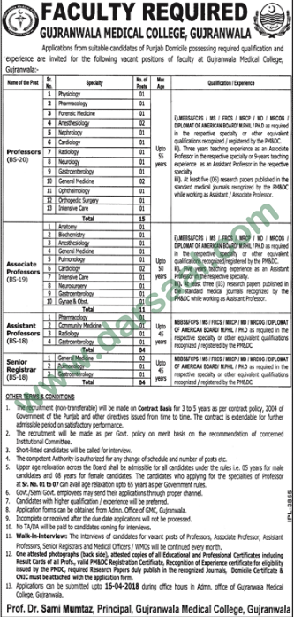 Professor, Assistant Professor, Senior Registrar Jobs in Gujranwala Medical College, 30 March 2018