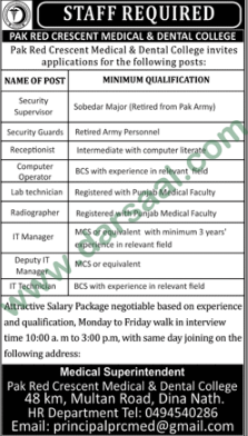 Security Supervisor, Receptionist, Computer Operator, Lab Technician Jobs in Pak Red Crescent Medical & Dental College, Dina Nath 30 March 2018