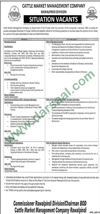 Chief Financial Officer, Managing Director, General Manager Jobs in Cattle Market Management Companies, Rawalpindi 30 March 2018
